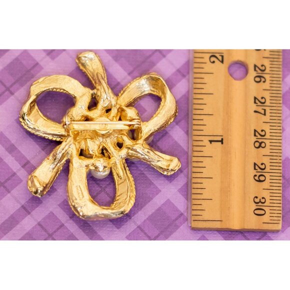 Vintage Spiral Black Ribbon Faux Pearls Gold Tone Brooch - V13 - Picture 2 of 2